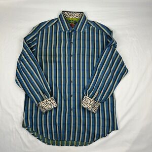 Robert Graham Mens Blue Black Striped Long Sleeve Button Down Shirt Large RG